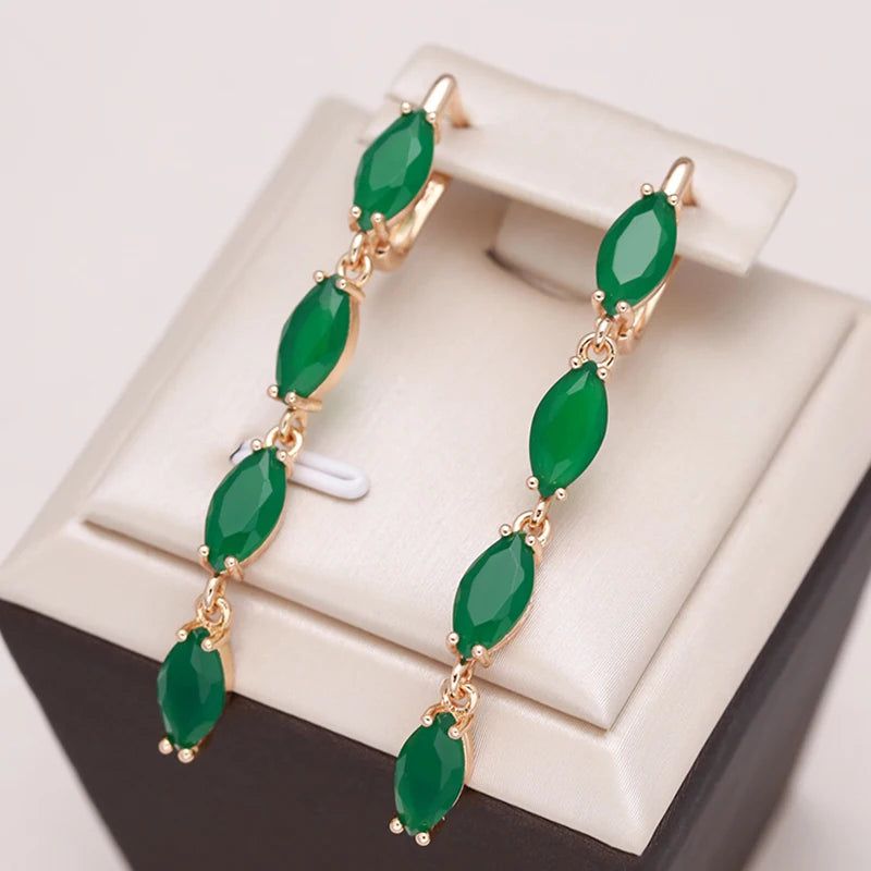 Smart Green Zircon Long Drop Earrings in 585 Rose Gold Vintage Luxury Design