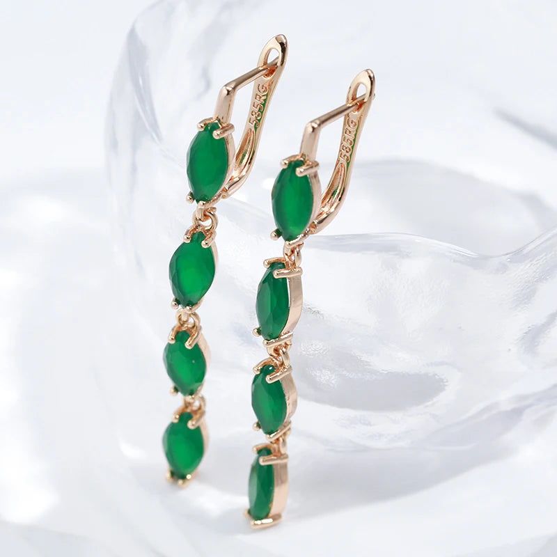 Smart Green Zircon Long Drop Earrings in 585 Rose Gold Vintage Luxury Design