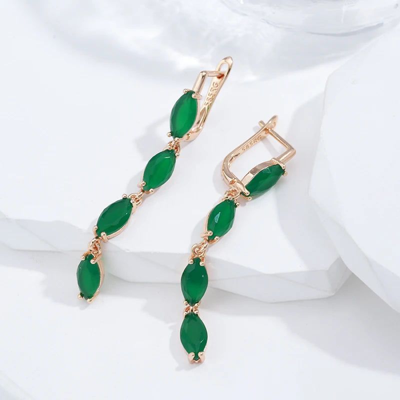 Smart Green Zircon Long Drop Earrings in 585 Rose Gold Vintage Luxury Design