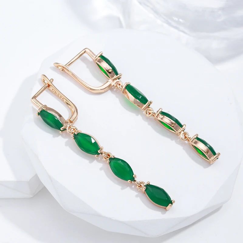 Smart Green Zircon Long Drop Earrings in 585 Rose Gold Vintage Luxury Design