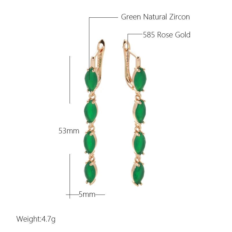 Smart Green Zircon Long Drop Earrings in 585 Rose Gold Vintage Luxury Design