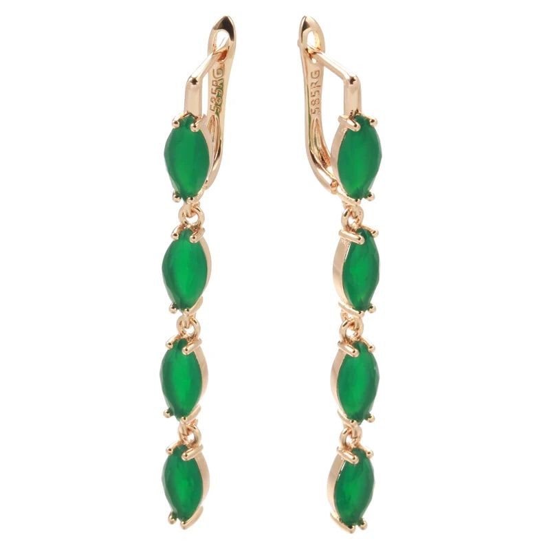 Smart Green Zircon Long Drop Earrings in 585 Rose Gold Vintage Luxury Design