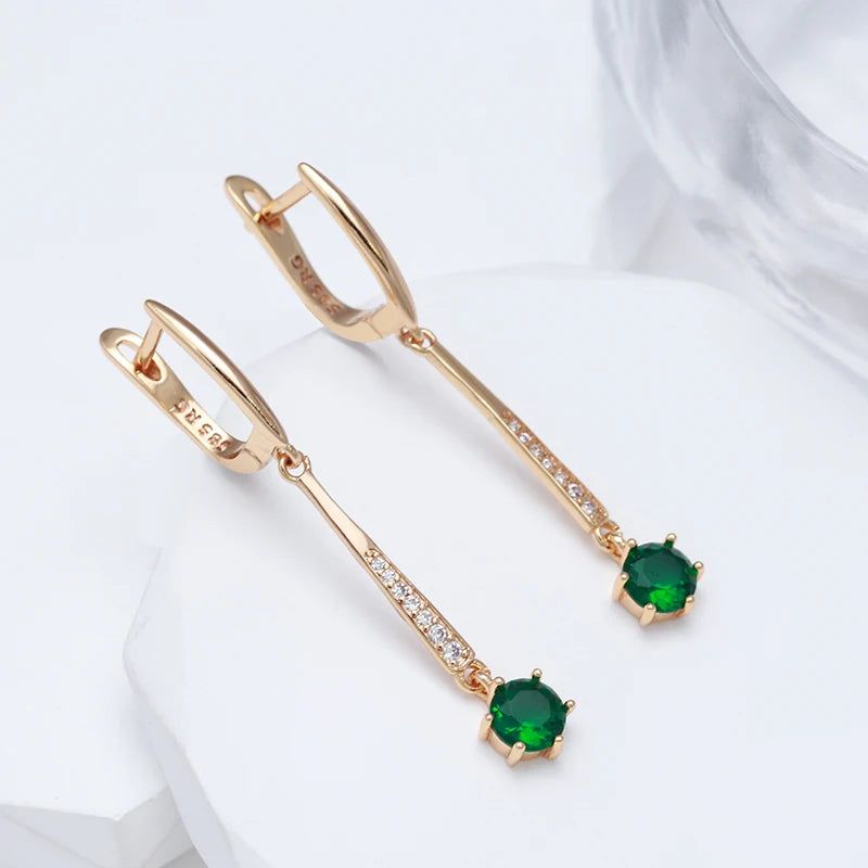 Smart Green Zircon Long Drop Earrings in Luxury 585 Rose Gold Finish