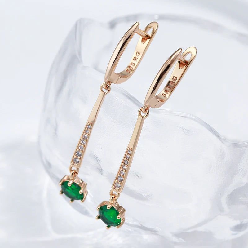 Smart Green Zircon Long Drop Earrings in Luxury 585 Rose Gold Finish