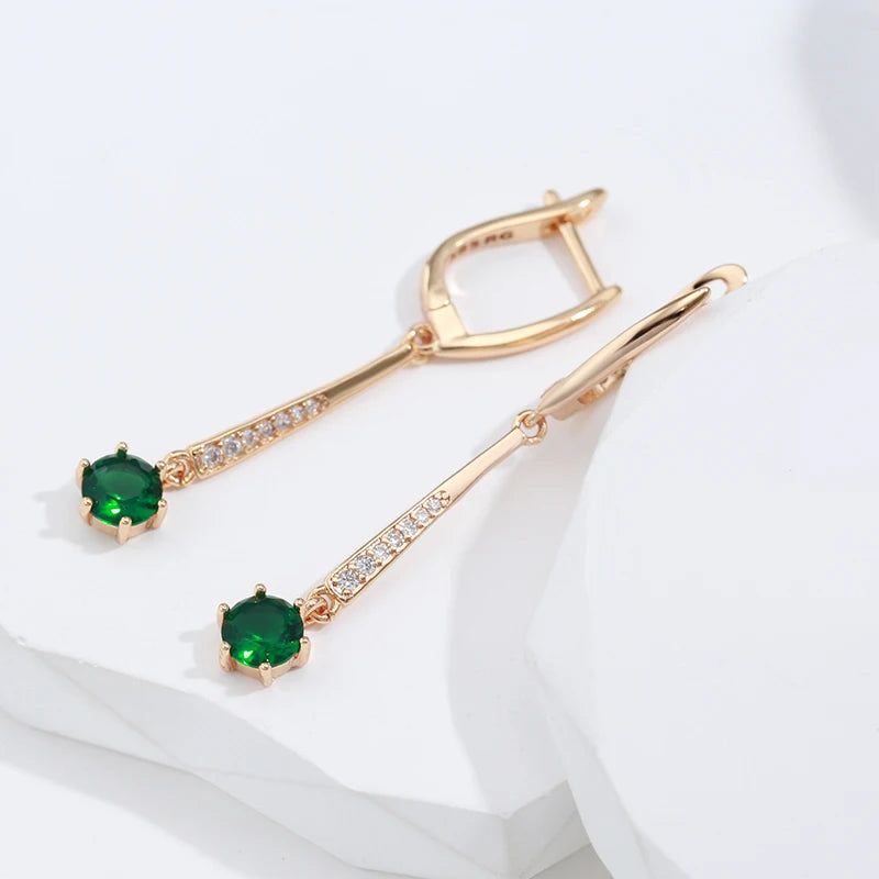 Smart Green Zircon Long Drop Earrings in Luxury 585 Rose Gold Finish