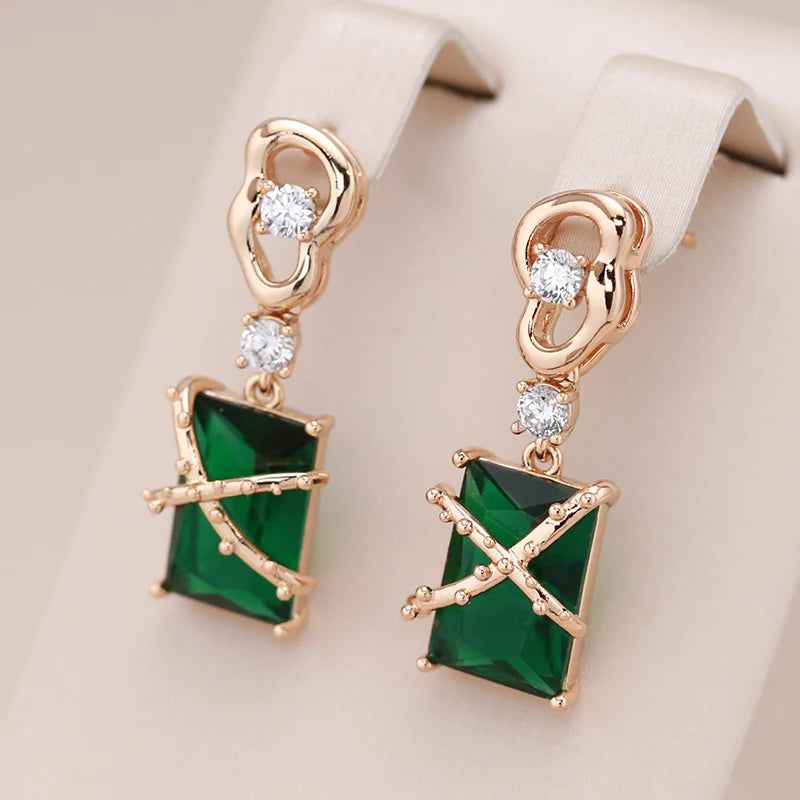 Smart Green Zircon Square Drop Earrings in 585 Rose Gold with White Stone - Versatile Jewelry for Every Occasion