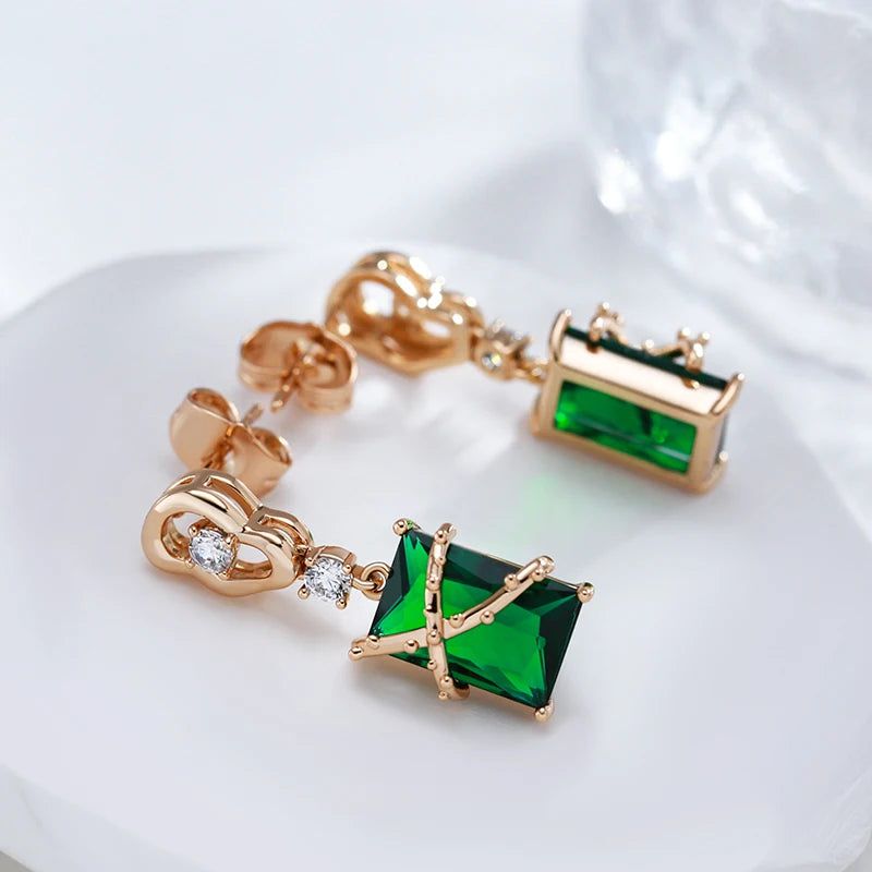 Smart Green Zircon Square Drop Earrings in 585 Rose Gold with White Stone - Versatile Jewelry for Every Occasion