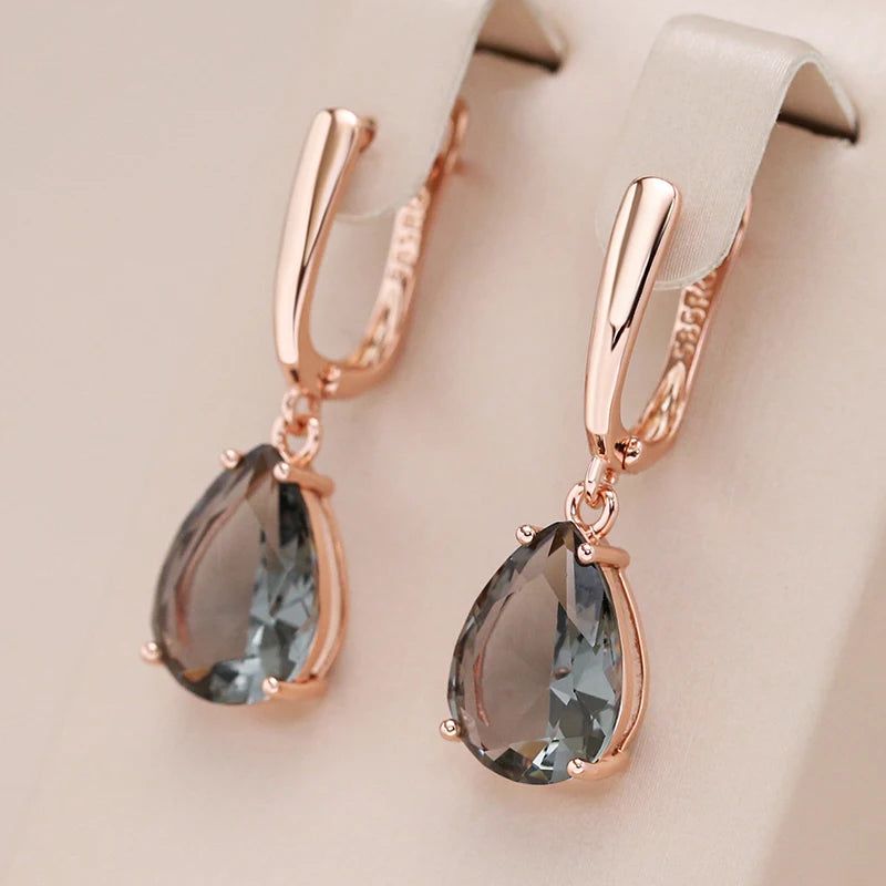 Smart Grey Crystal Water Drop Dangle Earrings in 585 Rose Gold with Natural Zircon