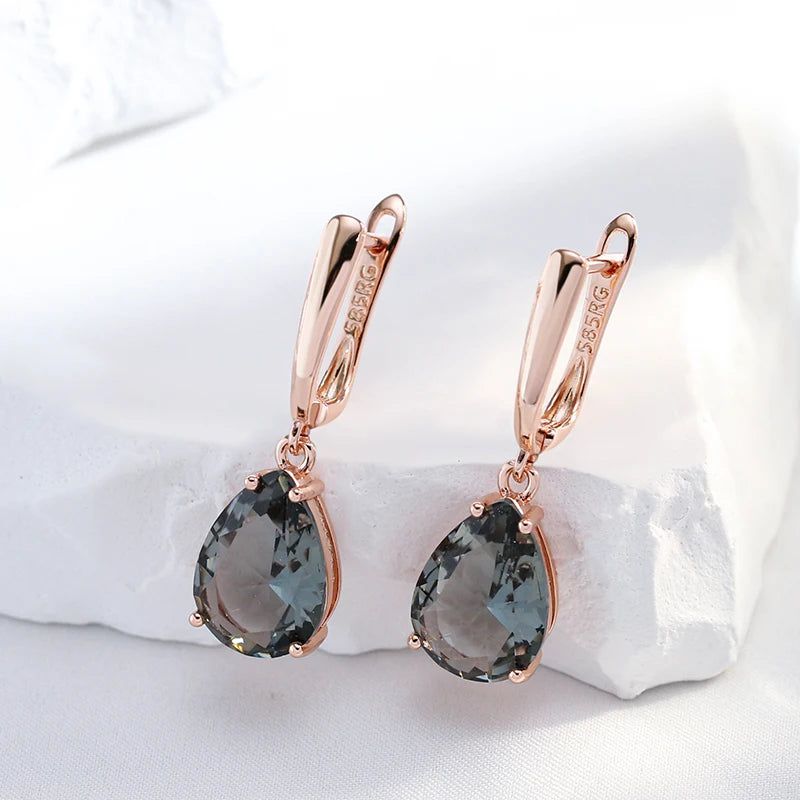 Smart Grey Crystal Water Drop Dangle Earrings in 585 Rose Gold with Natural Zircon