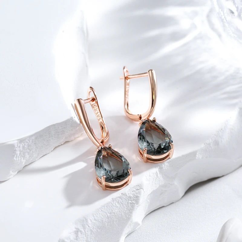 Smart Grey Crystal Water Drop Dangle Earrings in 585 Rose Gold with Natural Zircon