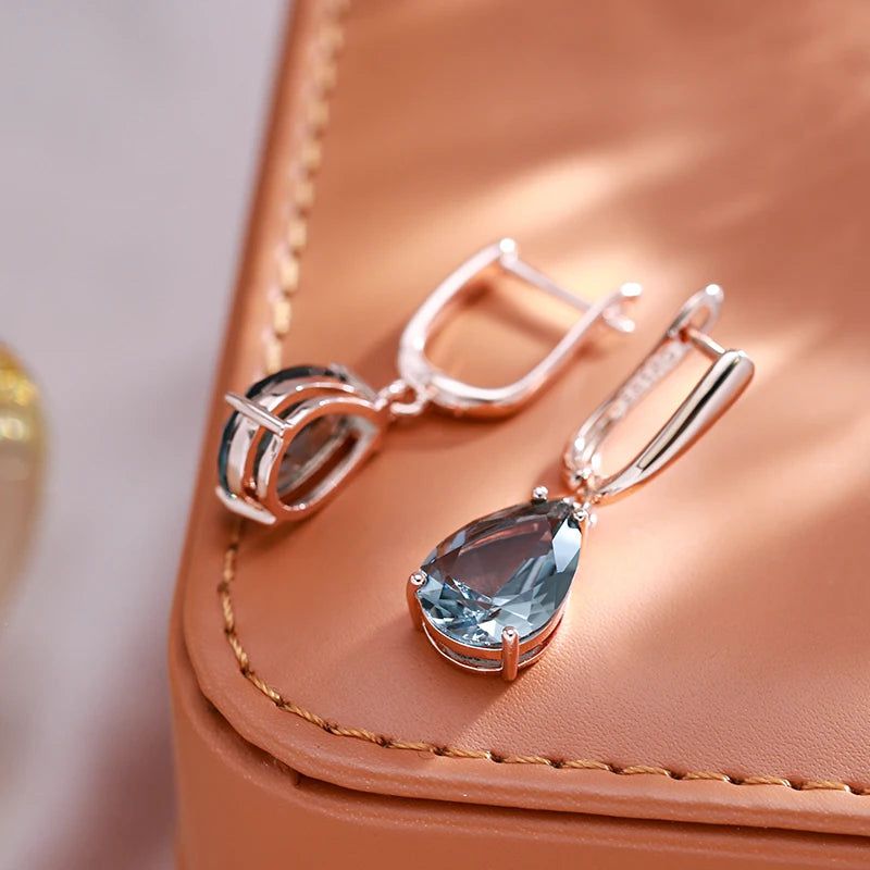 Smart Grey Crystal Water Drop Dangle Earrings in 585 Rose Gold with Natural Zircon