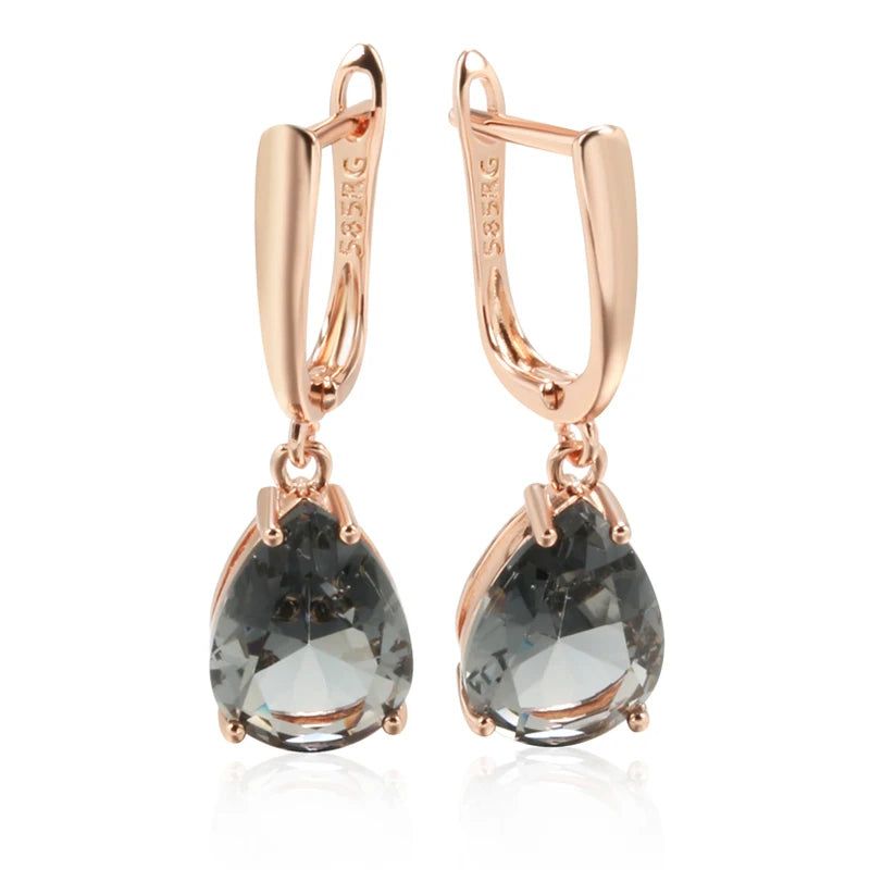 Smart Grey Crystal Water Drop Dangle Earrings in 585 Rose Gold with Natural Zircon