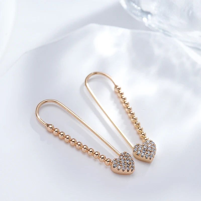 Smart Heart-Shaped Long Dangle Earrings in 585 Rose Gold with Natural Zircon