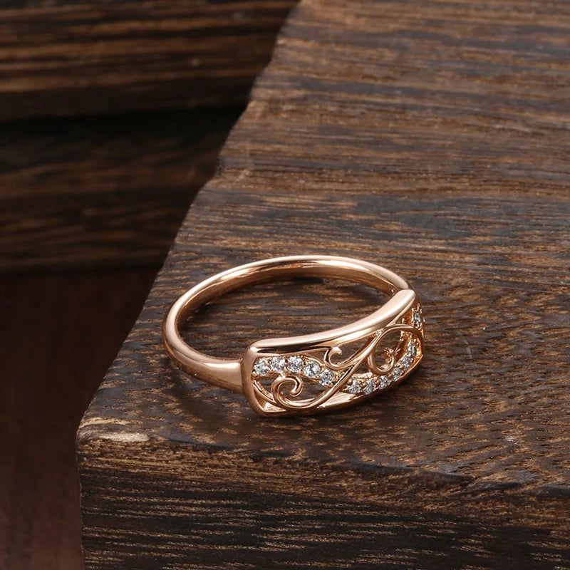 Smart Hollow Carved 585 Rose Gold Ring with Natural Zircon Stones