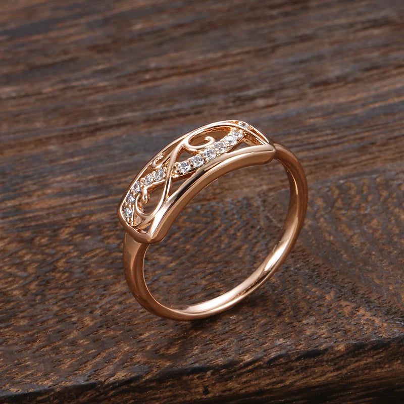 Smart Hollow Carved 585 Rose Gold Ring with Natural Zircon Stones