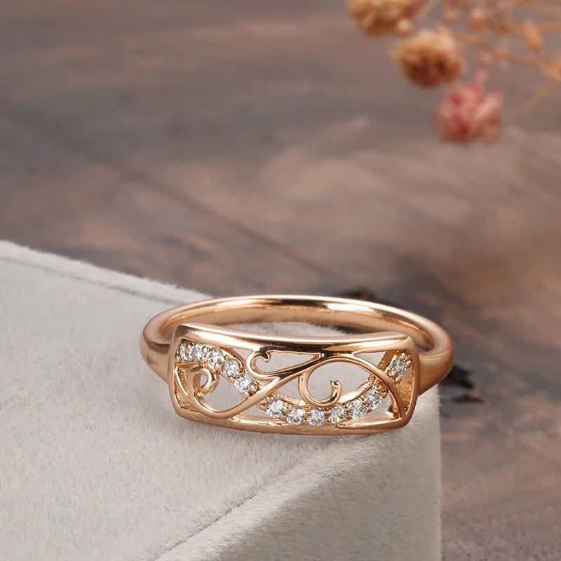 Smart Hollow Carved 585 Rose Gold Ring with Natural Zircon Stones