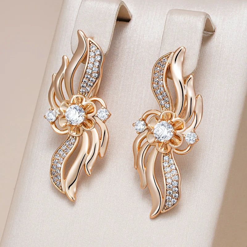 Smart Hollow Crystal Flower Drop Earrings in 585 Rose Gold with Natural Zircon Accents for Bridal and Special Occasions