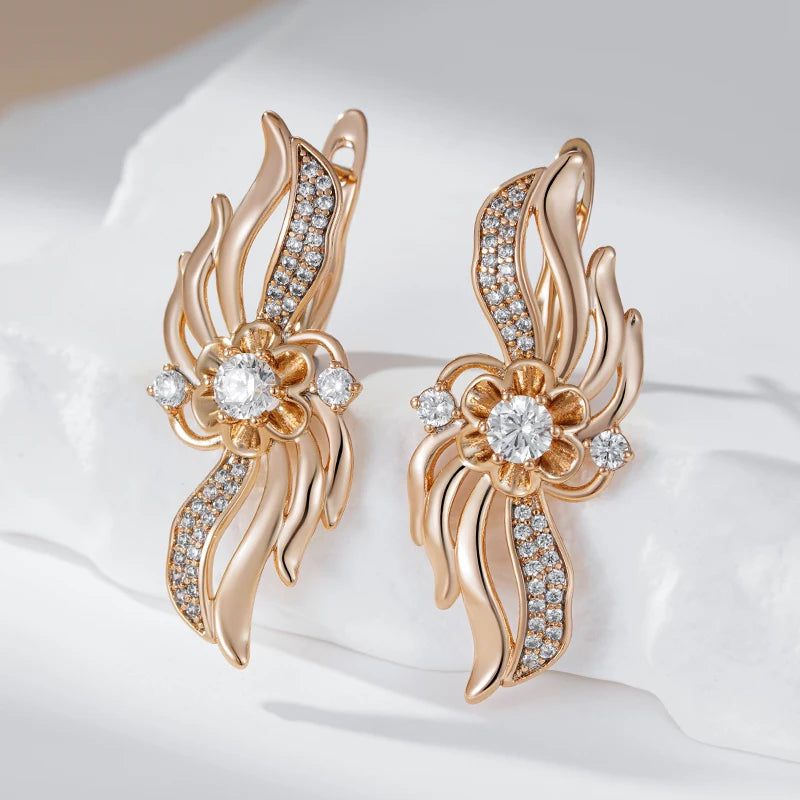 Smart Hollow Crystal Flower Drop Earrings in 585 Rose Gold with Natural Zircon Accents for Bridal and Special Occasions