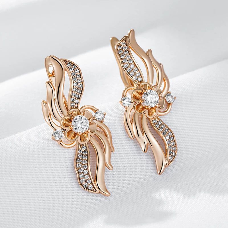 Smart Hollow Crystal Flower Drop Earrings in 585 Rose Gold with Natural Zircon Accents for Bridal and Special Occasions