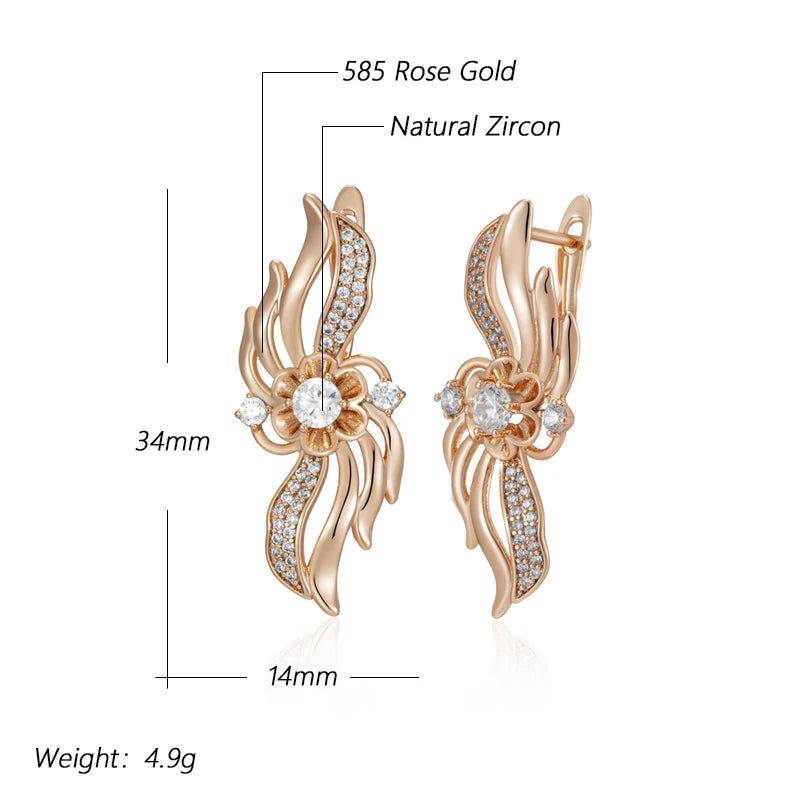 Smart Hollow Crystal Flower Drop Earrings in 585 Rose Gold with Natural Zircon Accents for Bridal and Special Occasions