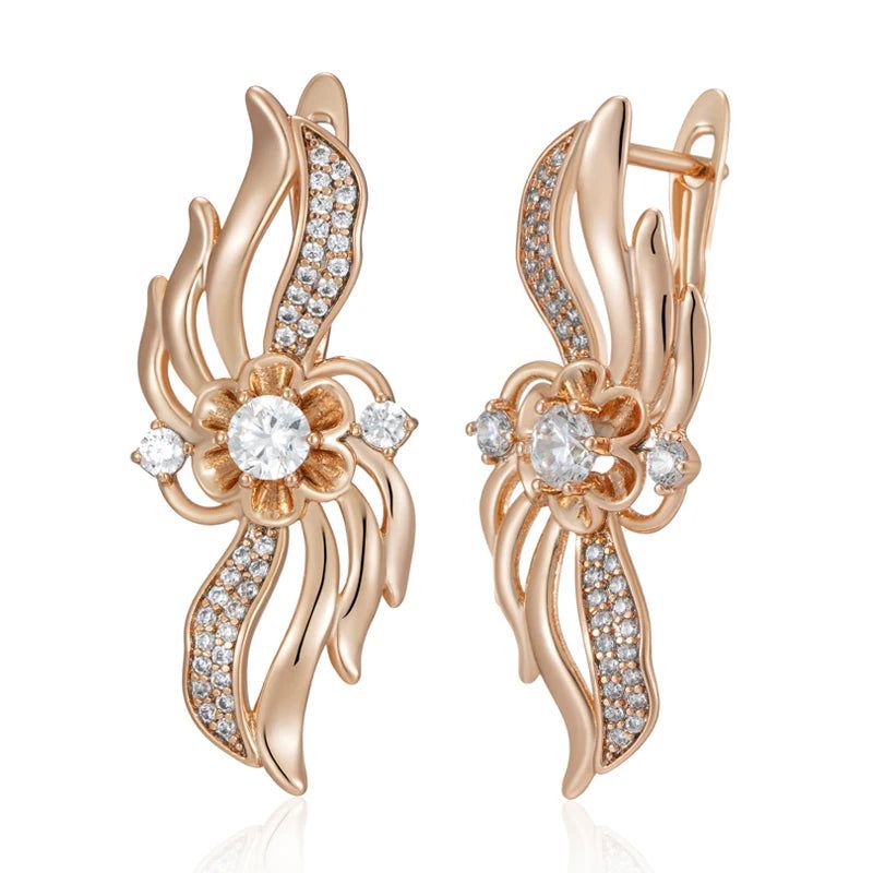 Smart Hollow Crystal Flower Drop Earrings in 585 Rose Gold with Natural Zircon Accents for Bridal and Special Occasions