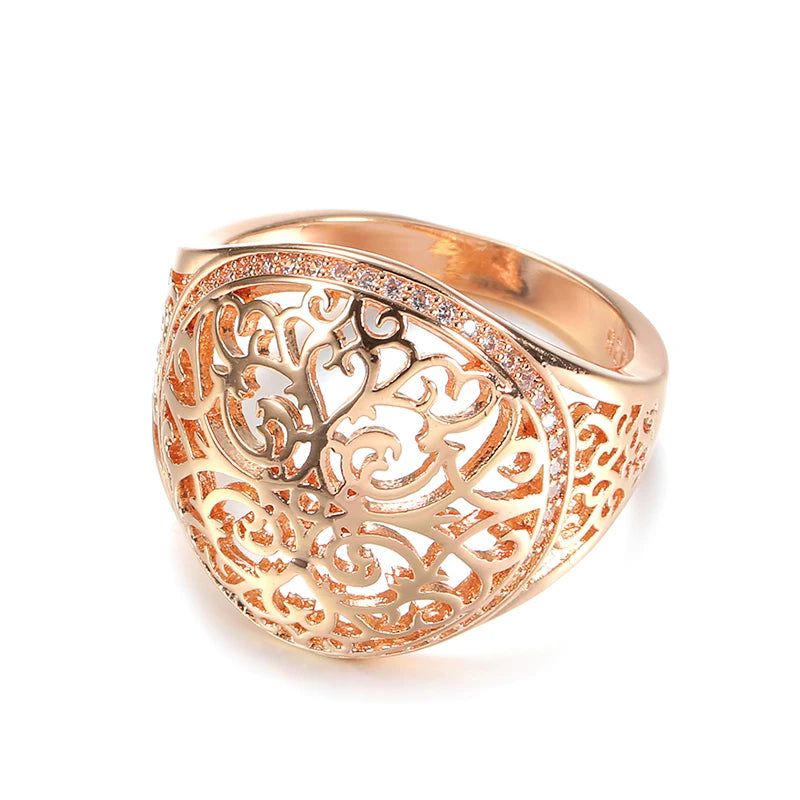 Smart Hollow Flower 585 Rose Gold Cocktail Ring with Natural Zircon Inlay