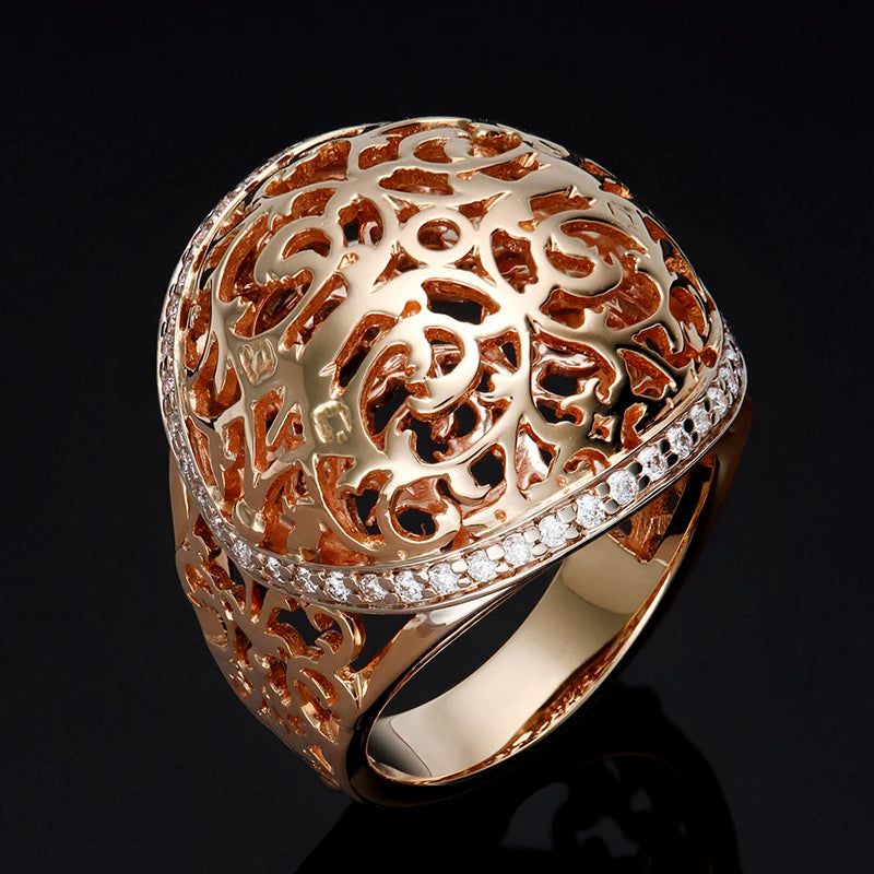 Smart Hollow Flower 585 Rose Gold Cocktail Ring with Natural Zircon Inlay