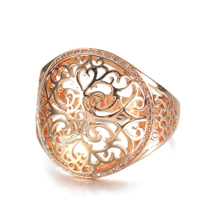 Smart Hollow Flower 585 Rose Gold Cocktail Ring with Natural Zircon Inlay