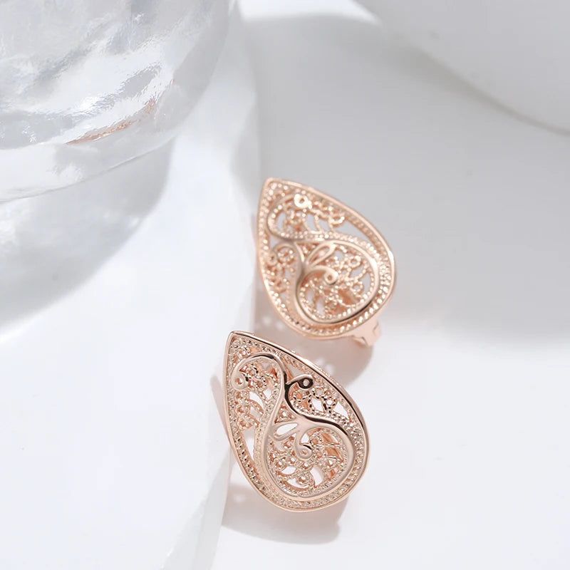 Smart Hollow Flower Drop Earrings in 585 Rose Gold for Bridal and Special Occasions