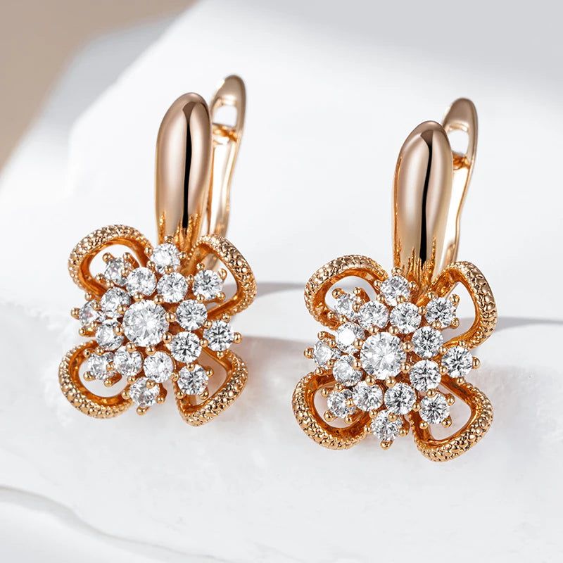 Smart Hollow Flower Earrings with Natural Zircon in 585 Rose Gold Finish