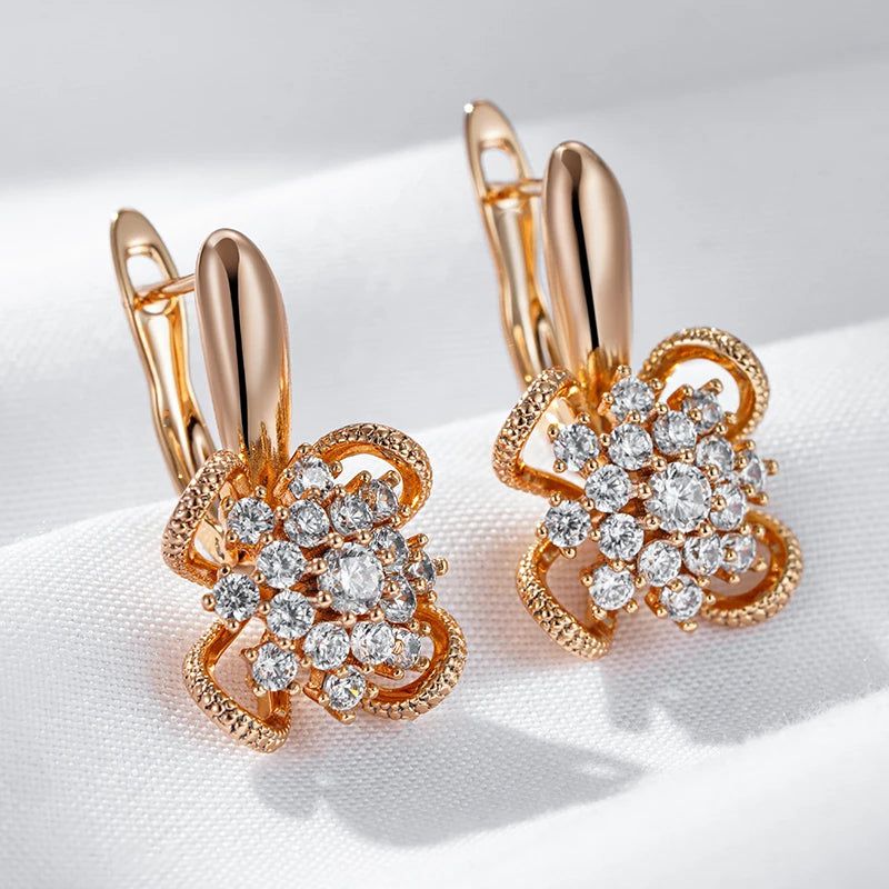 Smart Hollow Flower Earrings with Natural Zircon in 585 Rose Gold Finish