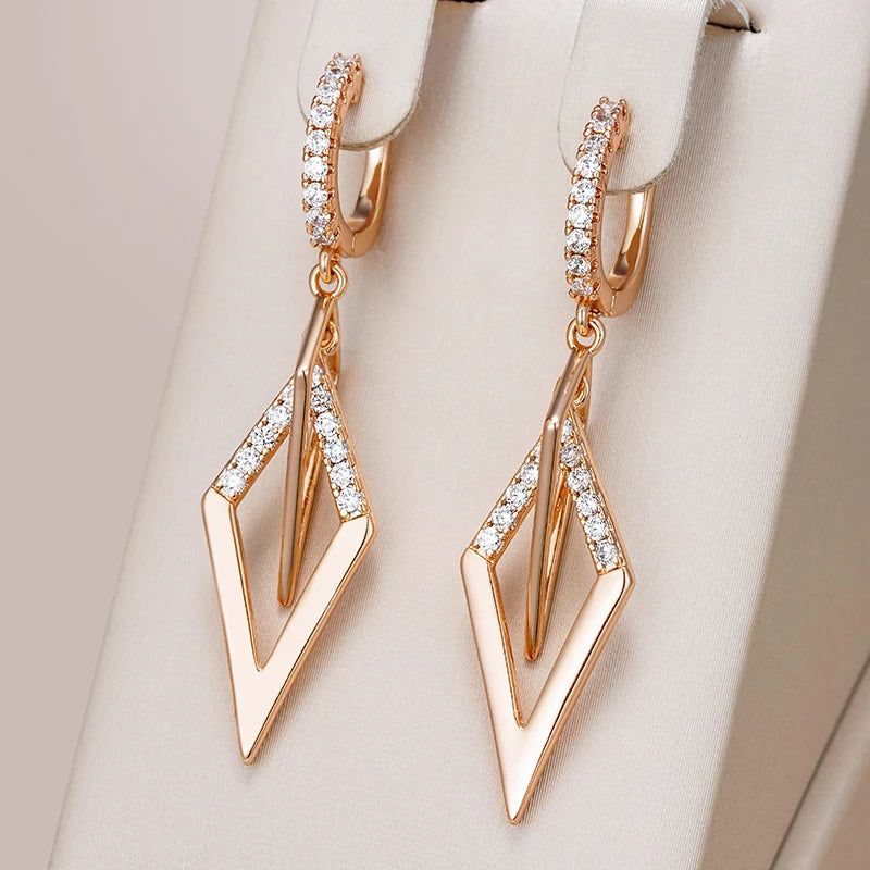 Smart Hollow Rhombus Drop Earrings with Natural Zircon in 585 Rose Gold Finish