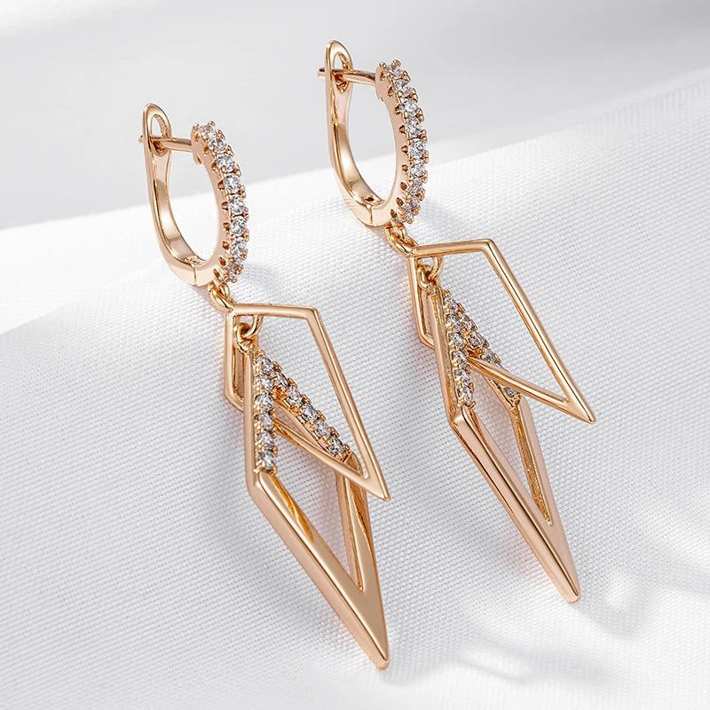 Smart Hollow Rhombus Drop Earrings with Natural Zircon in 585 Rose Gold Finish