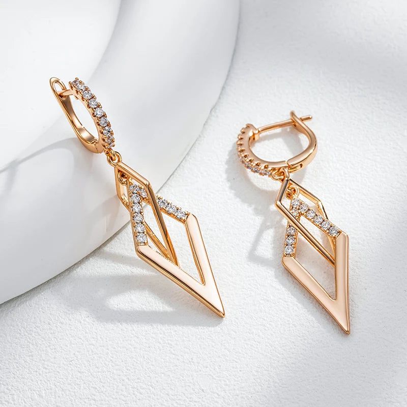 Smart Hollow Rhombus Drop Earrings with Natural Zircon in 585 Rose Gold Finish