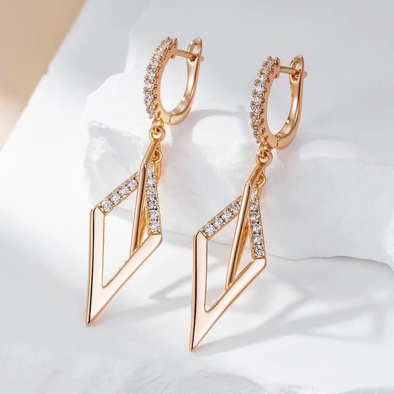 Smart Hollow Rhombus Drop Earrings with Natural Zircon in 585 Rose Gold Finish