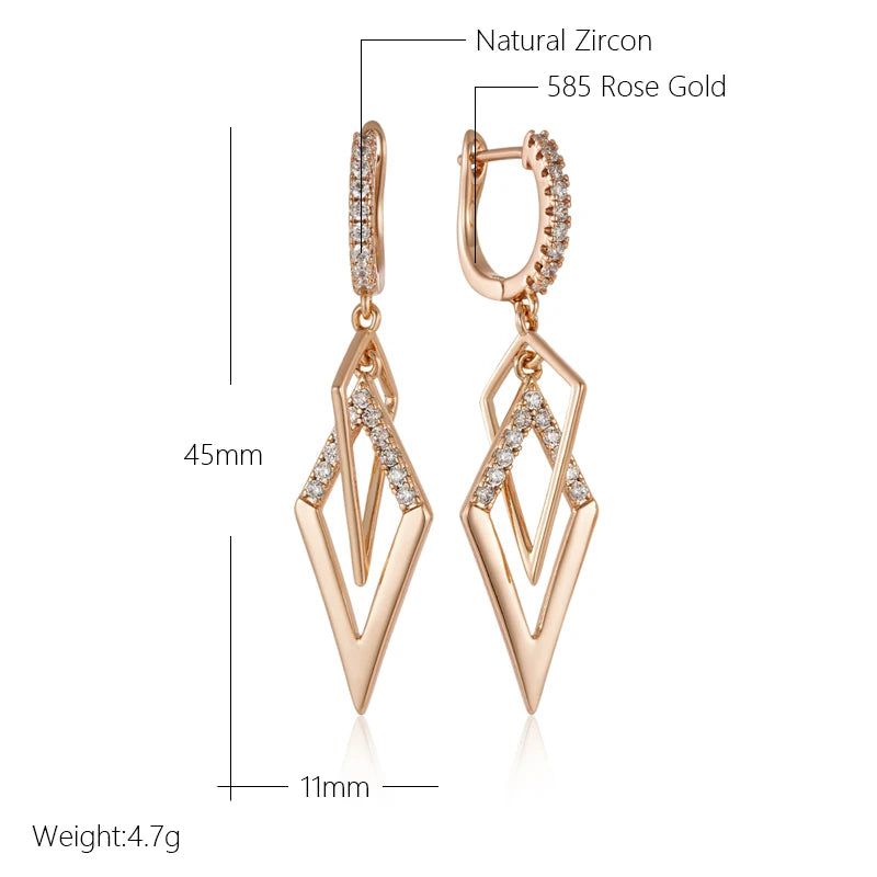 Smart Hollow Rhombus Drop Earrings with Natural Zircon in 585 Rose Gold Finish