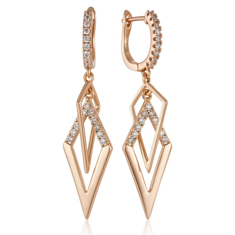 Smart Hollow Rhombus Drop Earrings with Natural Zircon in 585 Rose Gold Finish