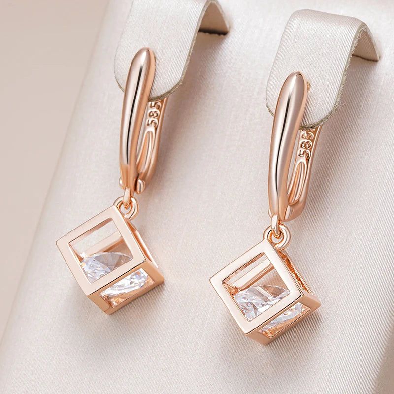 Smart Hollow Square Dangle Earrings in 585 Rose Gold with Natural Zircon