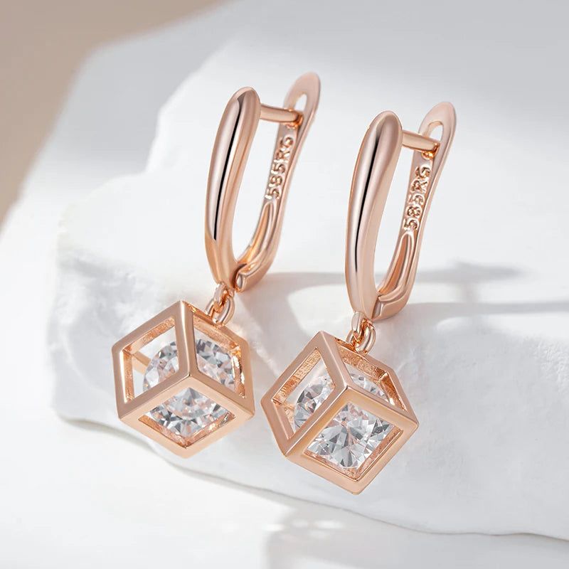 Smart Hollow Square Dangle Earrings in 585 Rose Gold with Natural Zircon