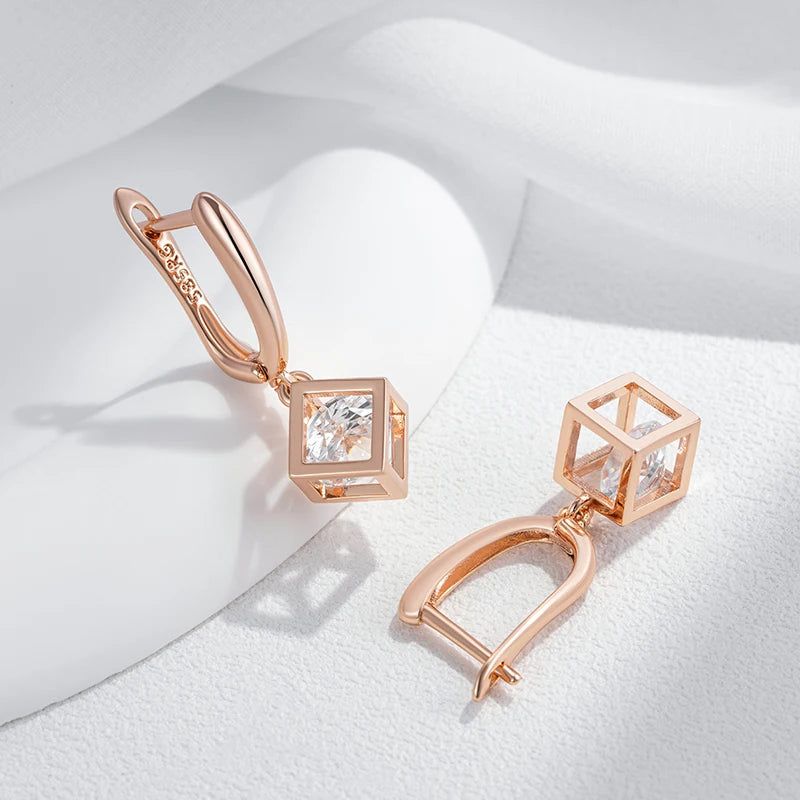 Smart Hollow Square Dangle Earrings in 585 Rose Gold with Natural Zircon