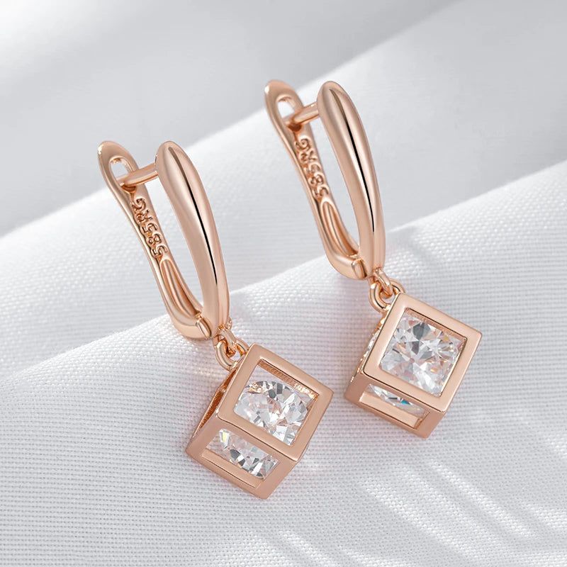 Smart Hollow Square Dangle Earrings in 585 Rose Gold with Natural Zircon