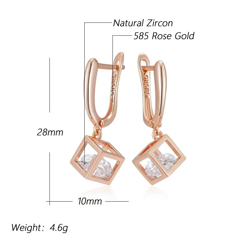 Smart Hollow Square Dangle Earrings in 585 Rose Gold with Natural Zircon