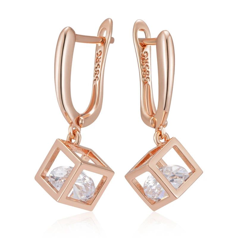 Smart Hollow Square Dangle Earrings in 585 Rose Gold with Natural Zircon