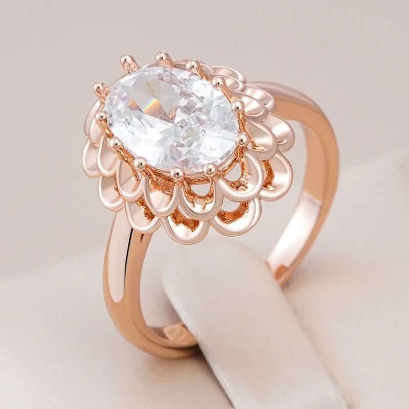 Smart Vintage-Inspired 585 Rose Gold Big Oval Natural Zircon Flower Ring