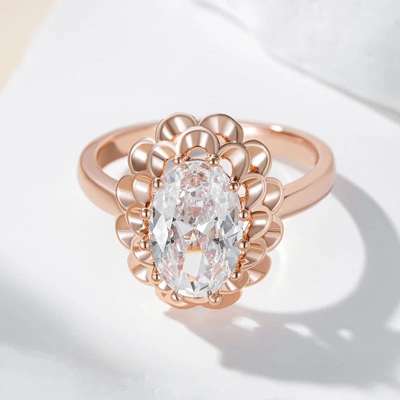 Smart Vintage-Inspired 585 Rose Gold Big Oval Natural Zircon Flower Ring