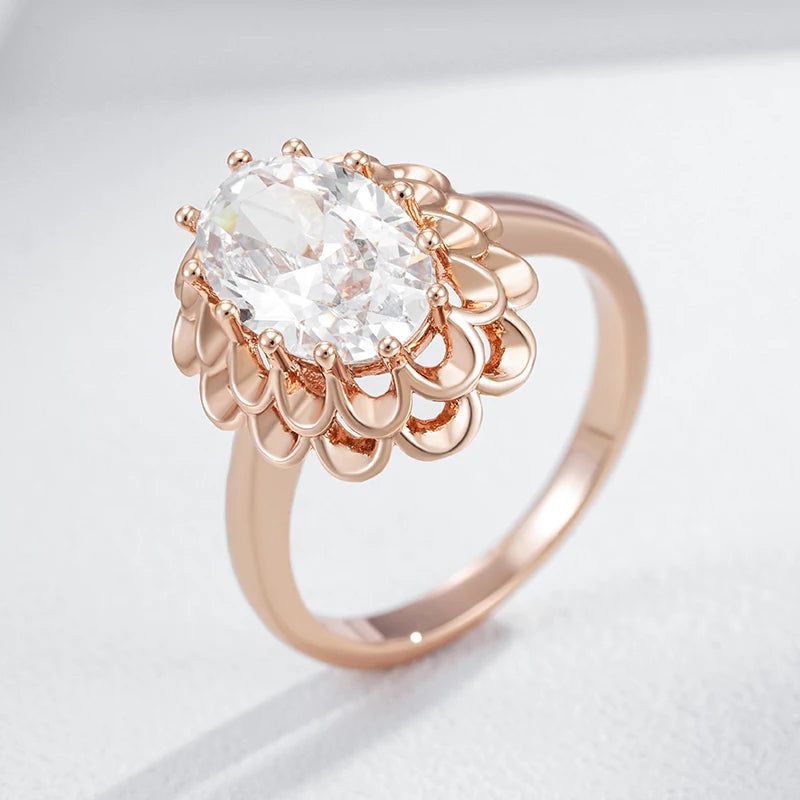 Smart Vintage-Inspired 585 Rose Gold Big Oval Natural Zircon Flower Ring