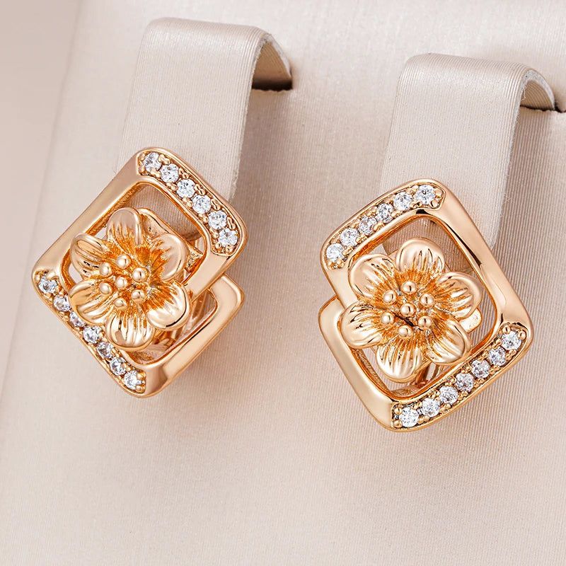 Smart Vintage-Inspired 585 Rose Gold Crystal Flower Drop Earrings with Natural Zircon Accents