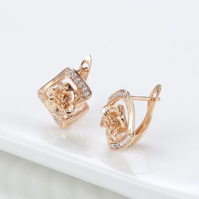 Smart Vintage-Inspired 585 Rose Gold Crystal Flower Drop Earrings with Natural Zircon Accents