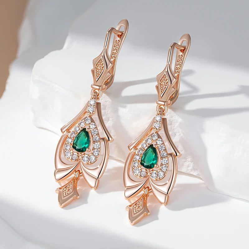 Smart Vintage-Inspired 585 Rose Gold Drop Earrings with Crystal Flower and Green Natural Zircon Accents