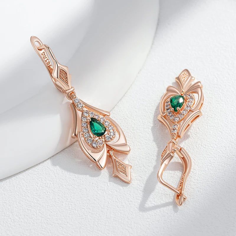 Smart Vintage-Inspired 585 Rose Gold Drop Earrings with Crystal Flower and Green Natural Zircon Accents